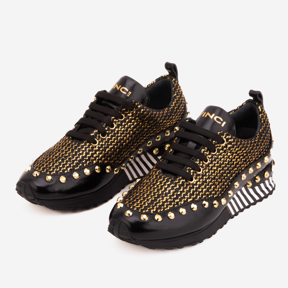 The Aurelia Black Gold Woven Leather Sneaker For Sale