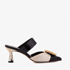 The Valencia Black Cream Jewel Heel Women's Mule Sandal Fine Craftsmanship