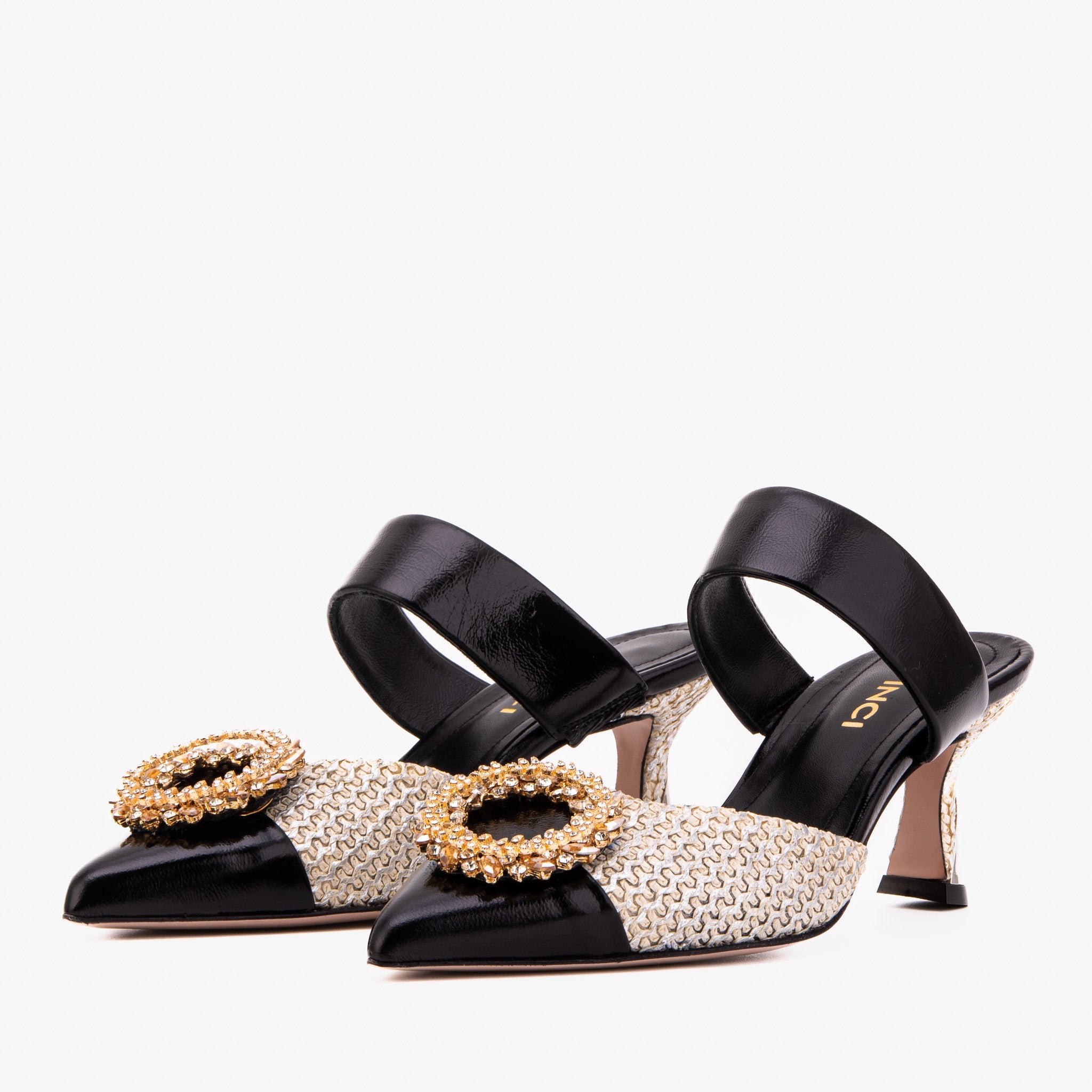 The Valencia Black Cream Jewel Heel Women's Mule Sandal Fine Craftsmanship