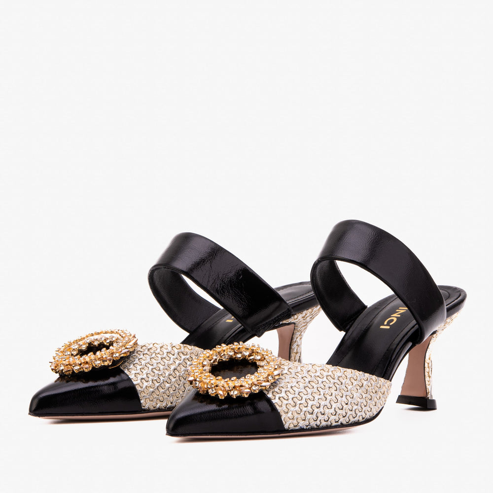 The Valencia Black Cream Jewel Heel Women's Mule Sandal Fine Craftsmanship