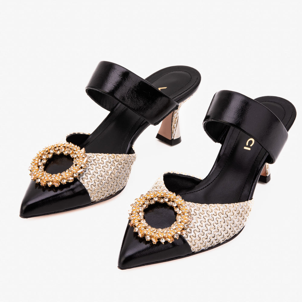 The Valencia Black Cream Jewel Heel Women's Mule Sandal Fine Craftsmanship