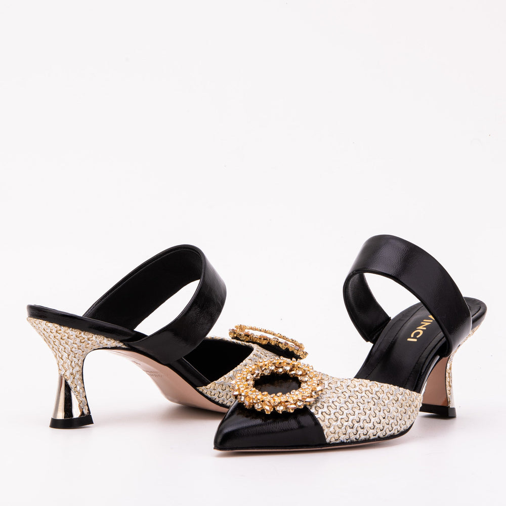 The Valencia Black Cream Jewel Heel Women's Mule Sandal Fine Craftsmanship