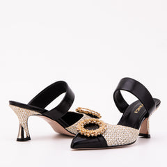 The Valencia Black Cream Jewel Heel Women's Mule Sandal Fine Craftsmanship