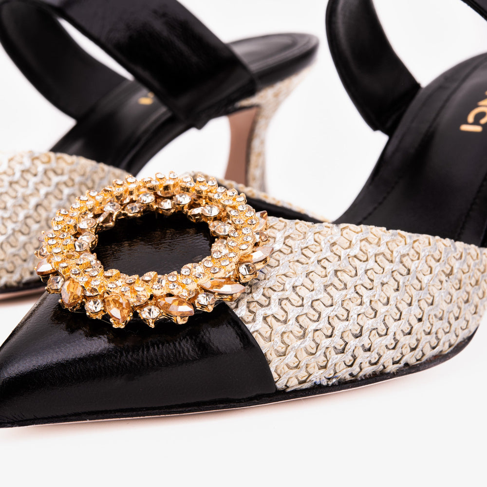 The Valencia Black Cream Jewel Heel Women's Mule Sandal Fine Craftsmanship