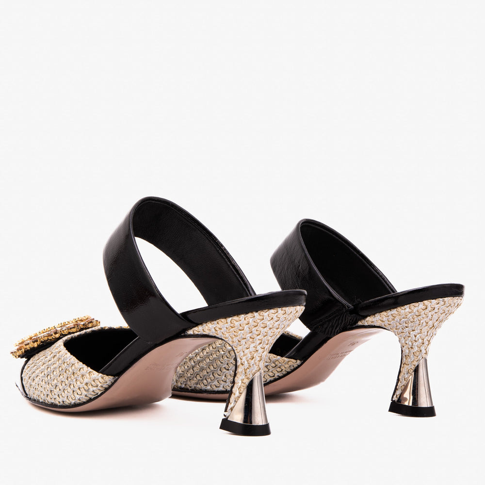 The Valencia Black Cream Jewel Heel Women's Mule Sandal Fine Craftsmanship