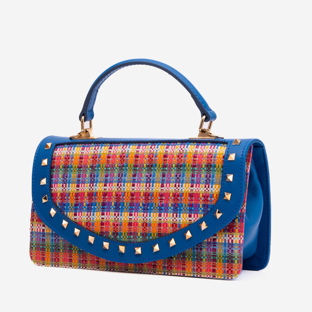 The Zoe Multicolor Tweed Blue Leather Handbag For Sale
