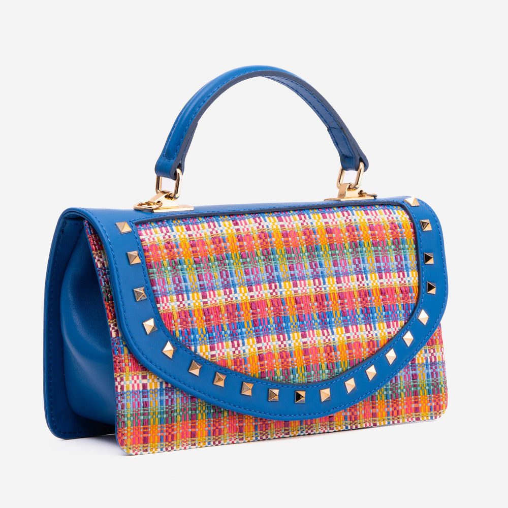 The Zoe Multicolor Tweed Blue Leather Handbag For Sale