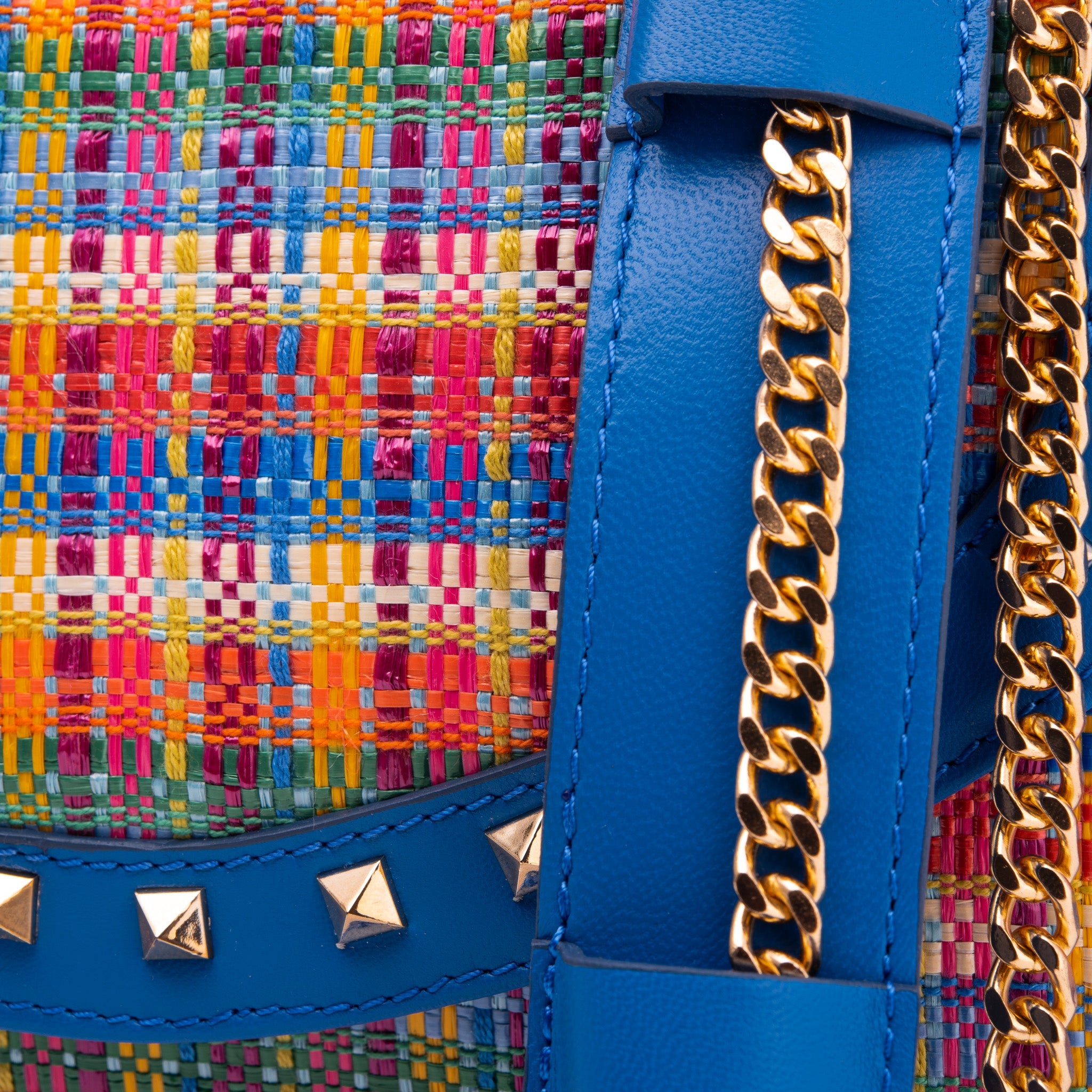 The Zoe Multicolor Tweed Blue Leather Handbag For Sale
