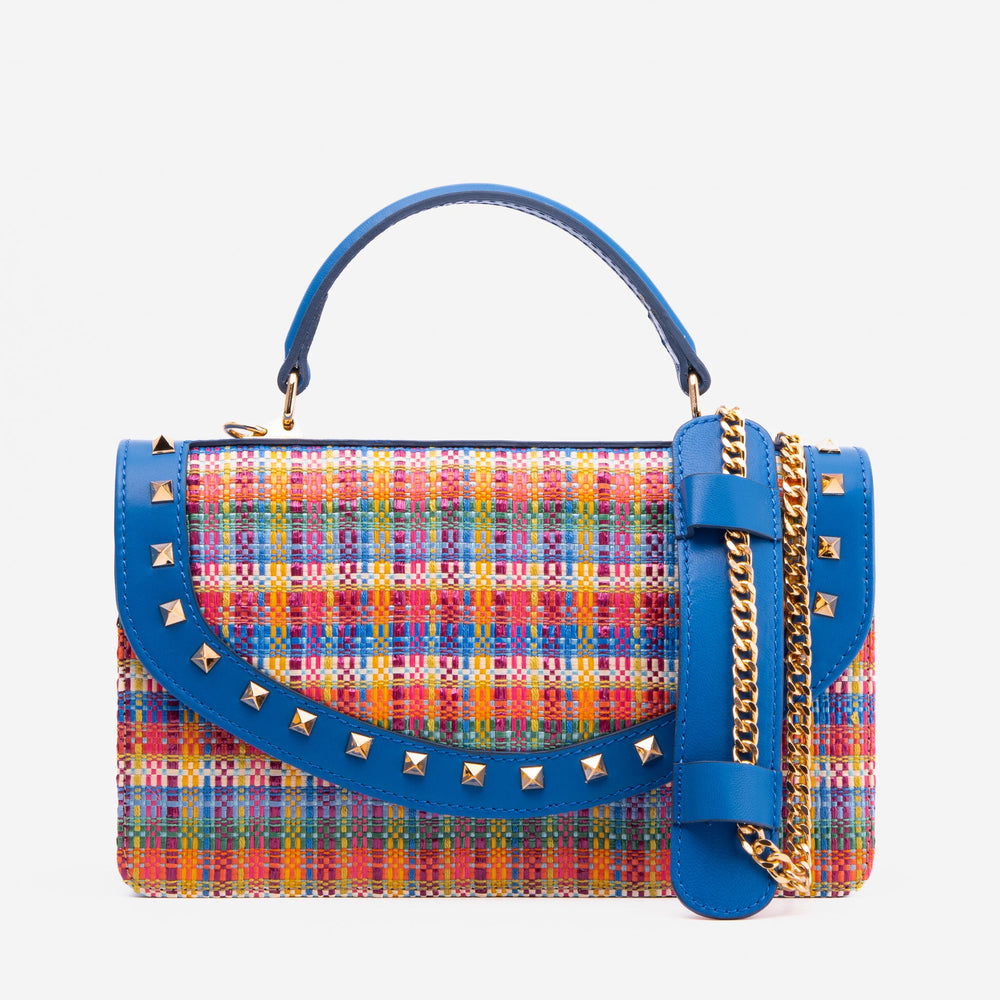 The Zoe Multicolor Tweed Blue Leather Handbag For Sale