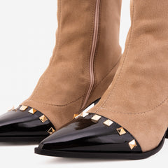 The Amethyst Studded Beige Black Suede Leather Women’s Boot For Sale