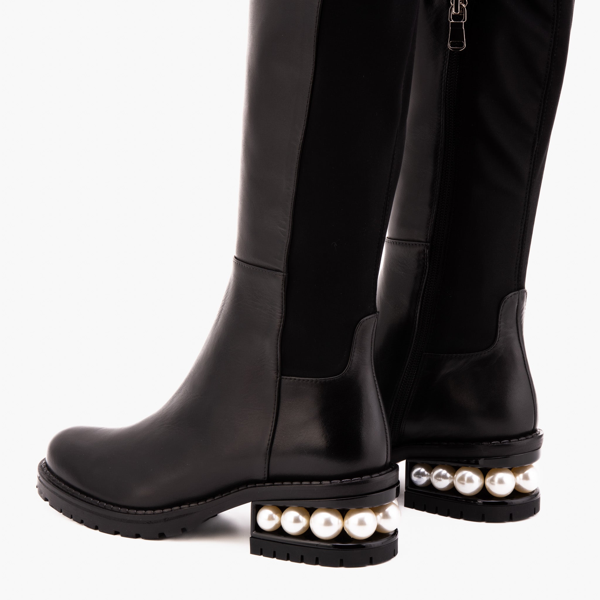 The Valeria Pearl Heel Knee-High Black Leather Boot Exclusive Style
