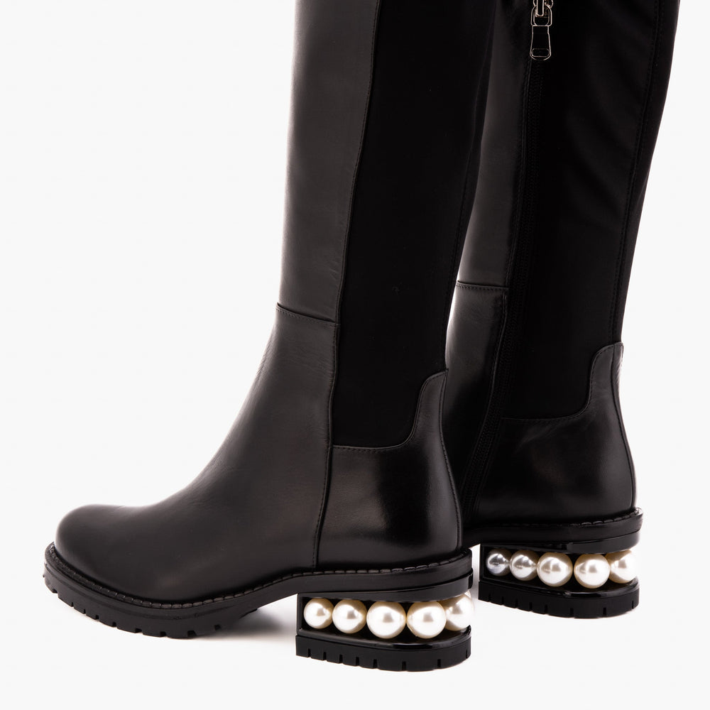 The Valeria Pearl Heel Knee-High Black Leather Boot Exclusive Style