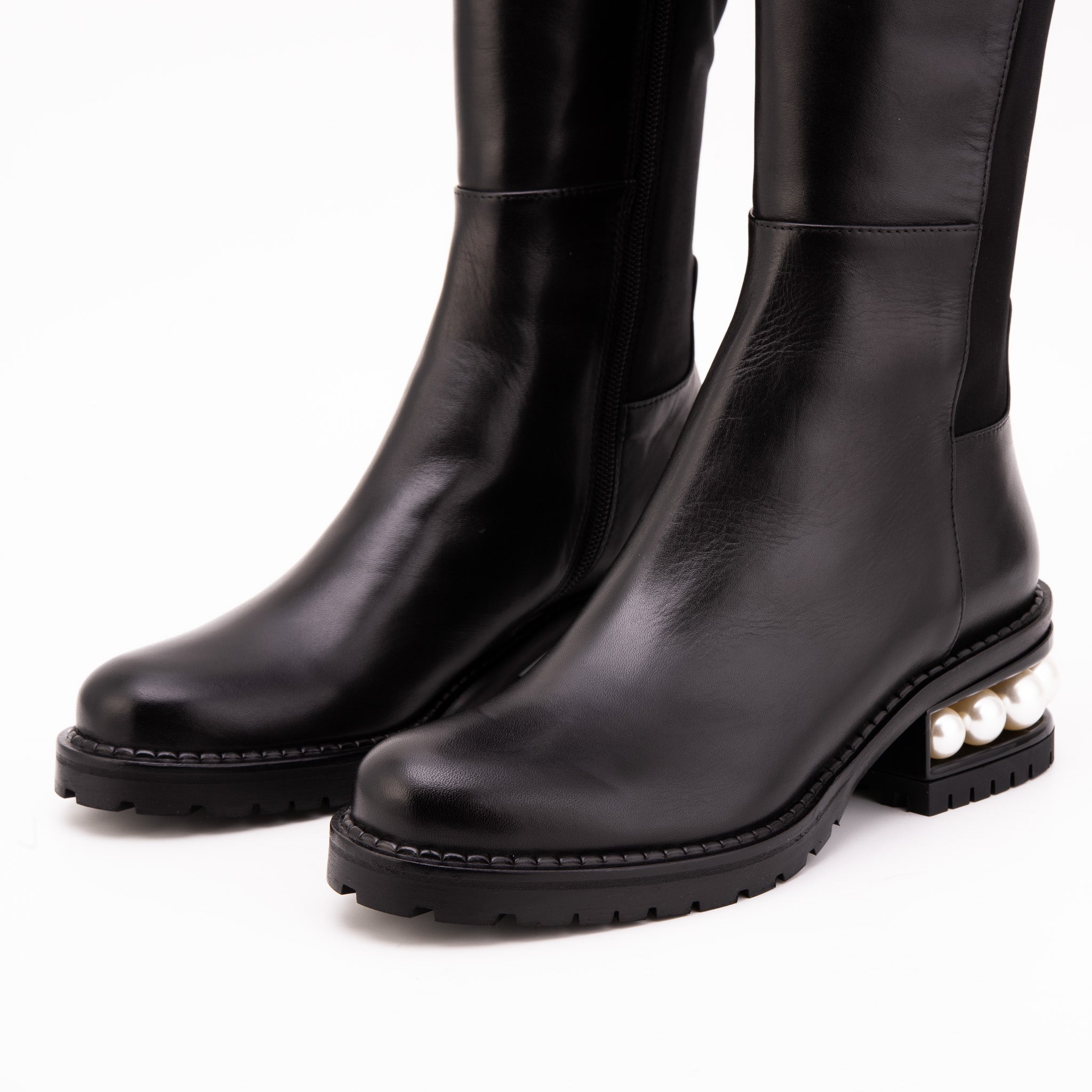 The Valeria Pearl Heel Knee-High Black Leather Boot Exclusive Style