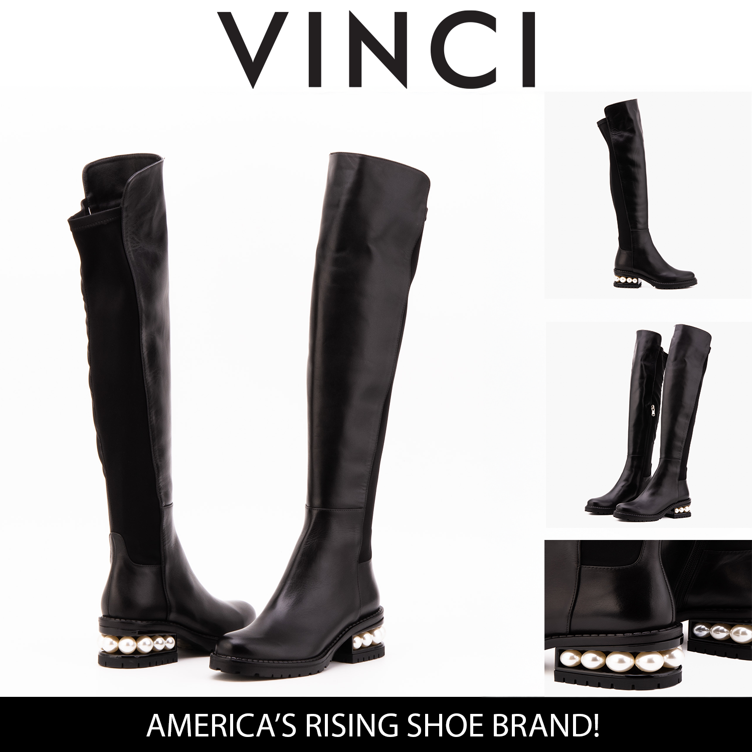 The Valeria Pearl Heel Knee-High Black Leather Boot Exclusive Style