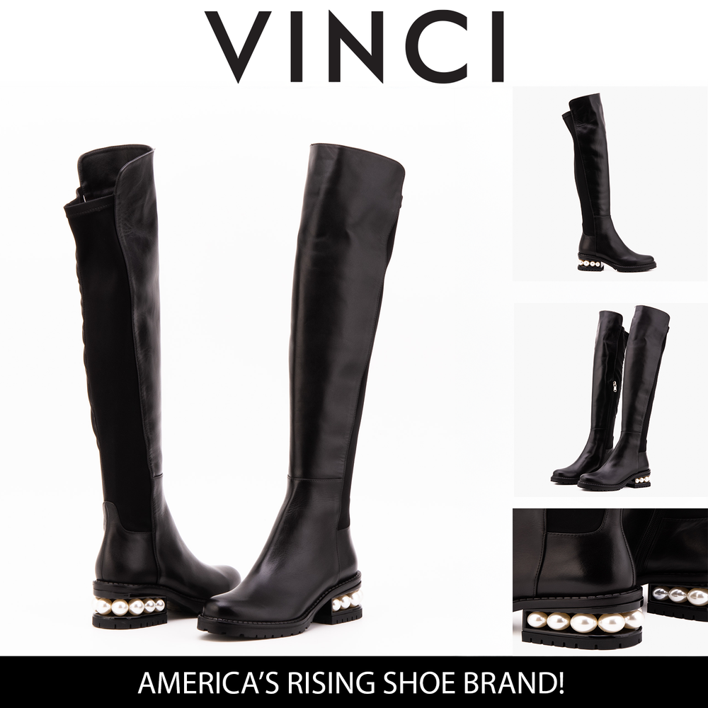 The Valeria Pearl Heel Knee-High Black Leather Boot Exclusive Style