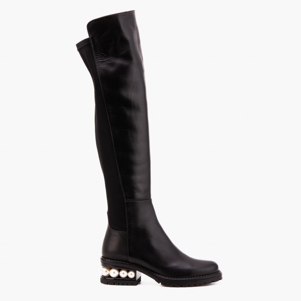The Valeria Pearl Heel Knee-High Black Leather Boot Exclusive Style