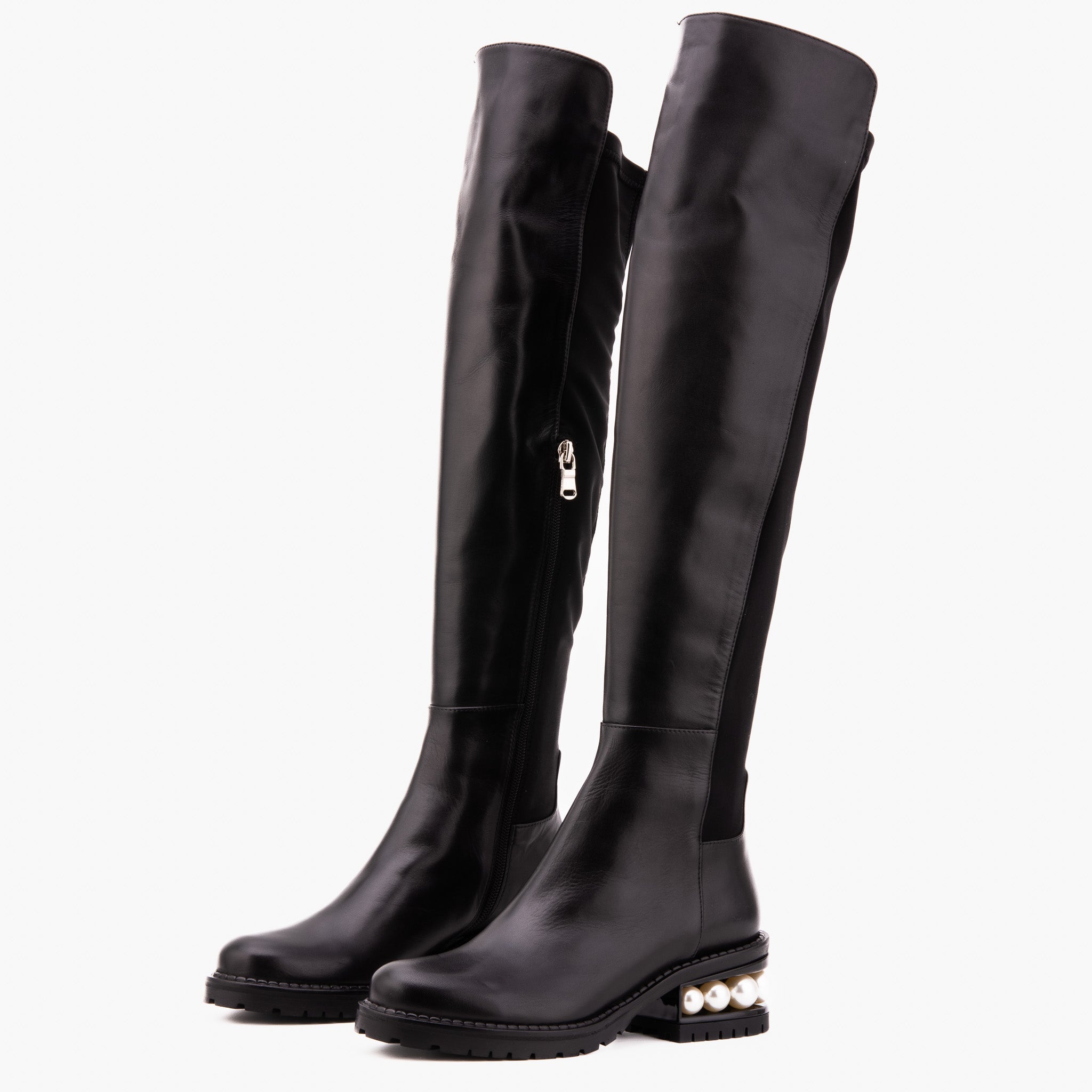 The Valeria Pearl Heel Knee-High Black Leather Boot Exclusive Style