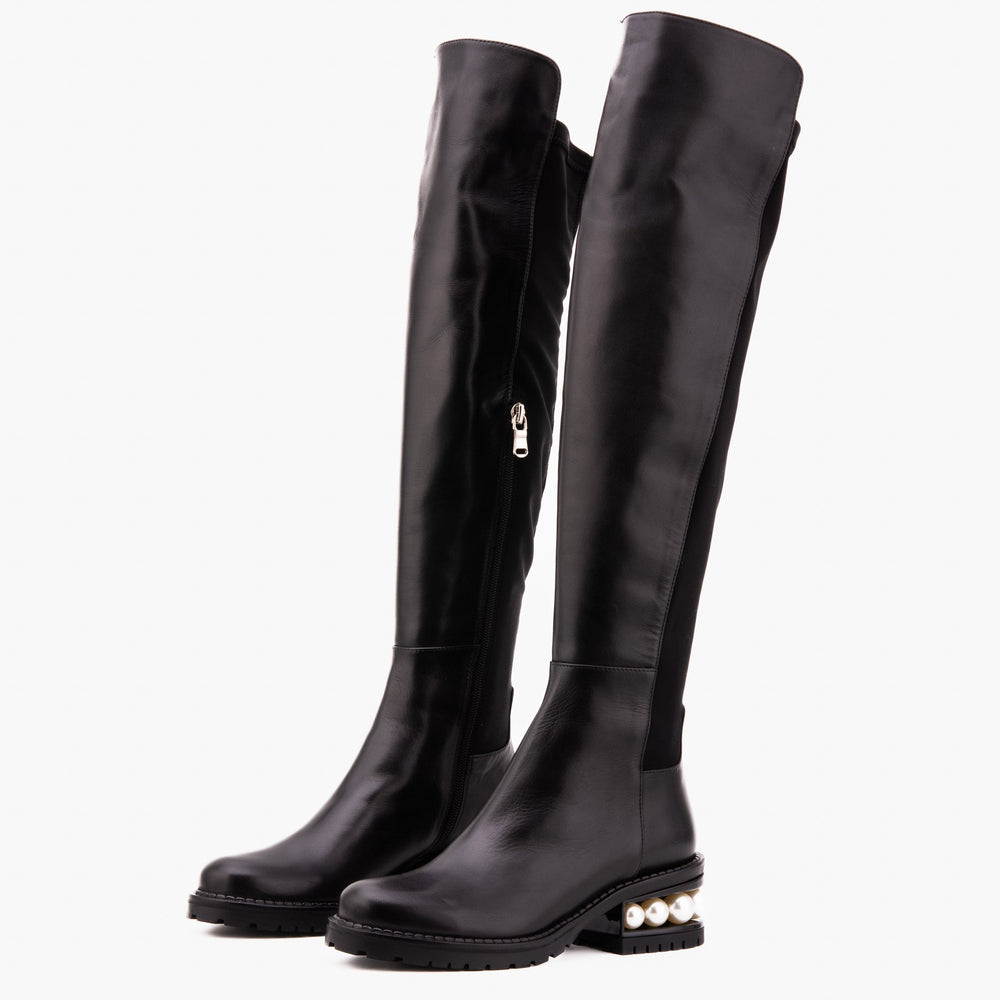 The Valeria Pearl Heel Knee-High Black Leather Boot Exclusive Style