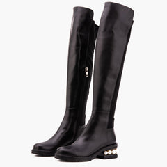 The Valeria Pearl Heel Knee-High Black Leather Boot Exclusive Style
