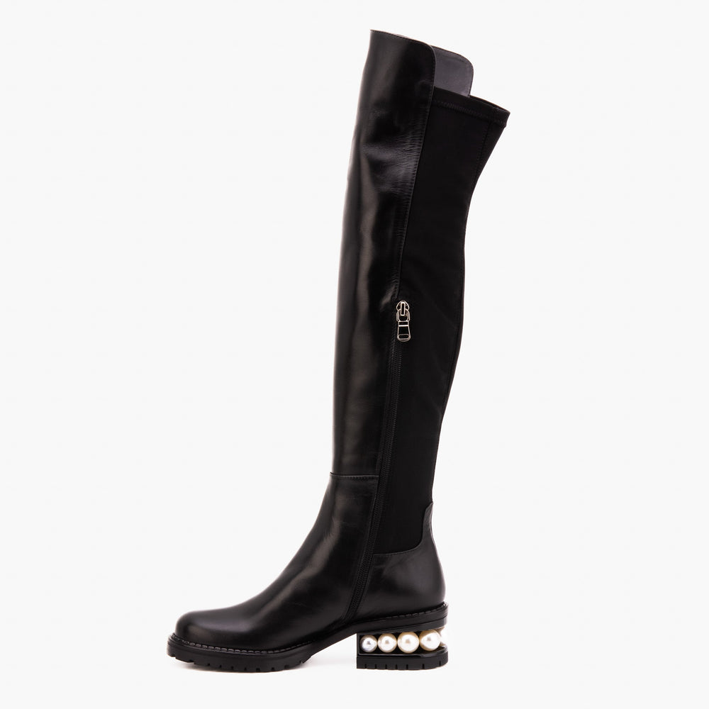 The Valeria Pearl Heel Knee-High Black Leather Boot Exclusive Style