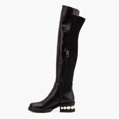 The Valeria Pearl Heel Knee-High Black Leather Boot Exclusive Style