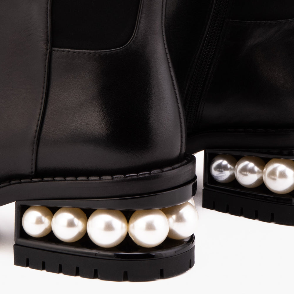 The Valeria Pearl Heel Knee-High Black Leather Boot Exclusive Style