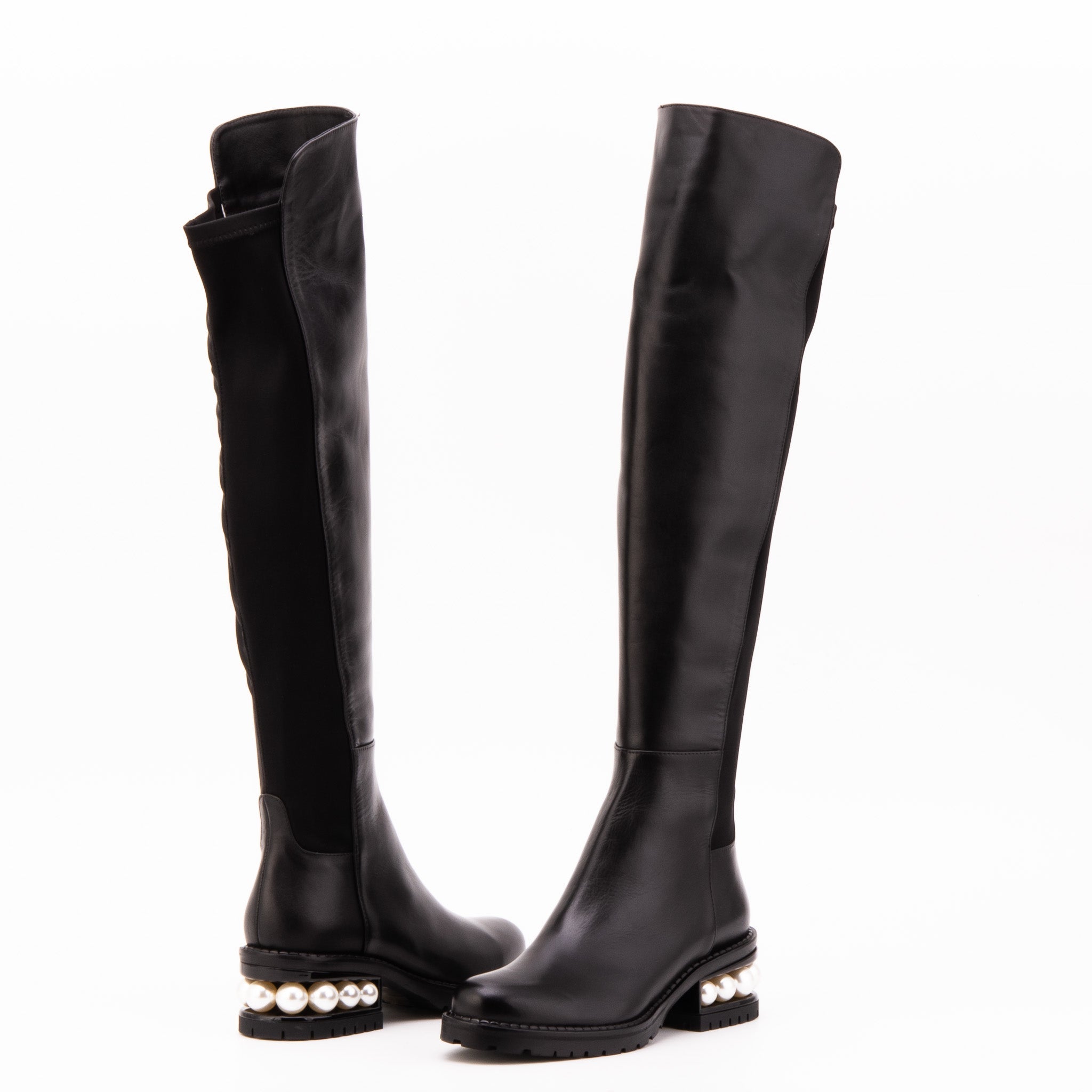 The Valeria Pearl Heel Knee-High Black Leather Boot Exclusive Style