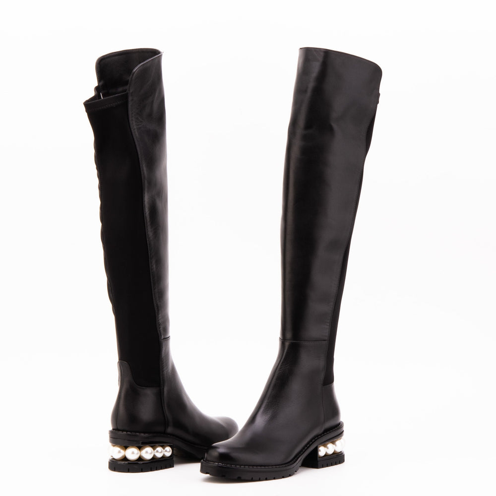 The Valeria Pearl Heel Knee-High Black Leather Boot Exclusive Style