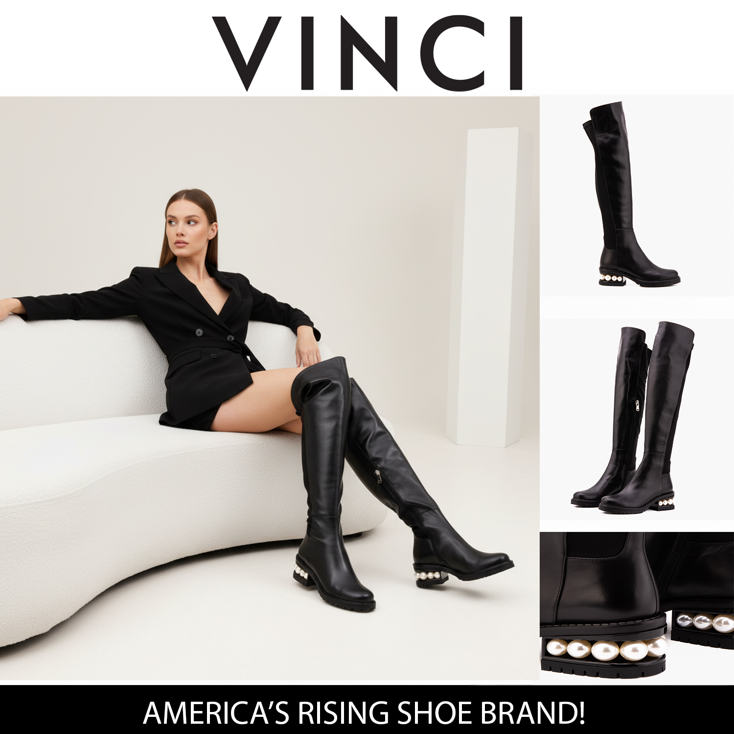 The Valeria Pearl Heel Knee-High Black Leather Boot Exclusive Style