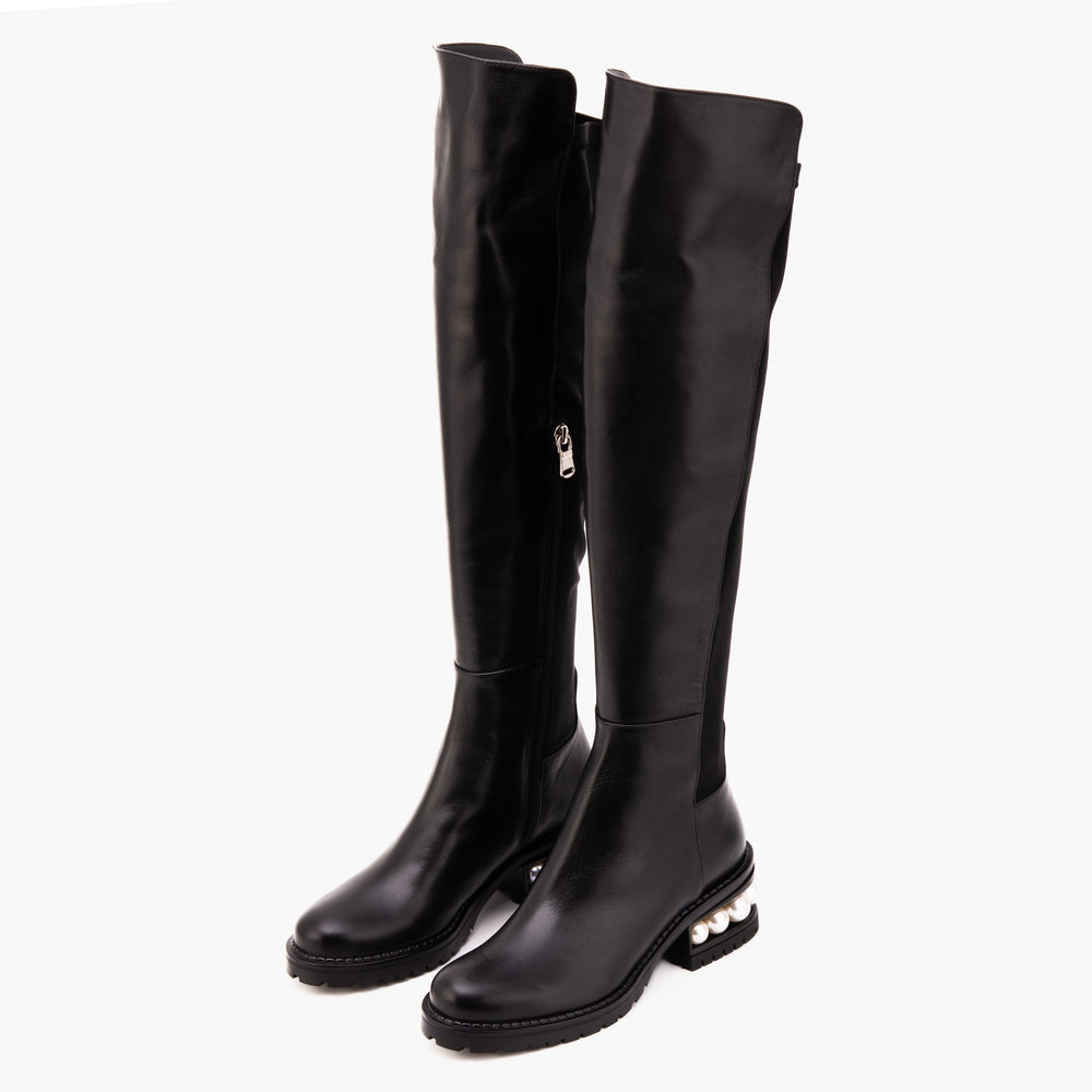The Valeria Pearl Heel Knee-High Black Leather Boot Exclusive Style