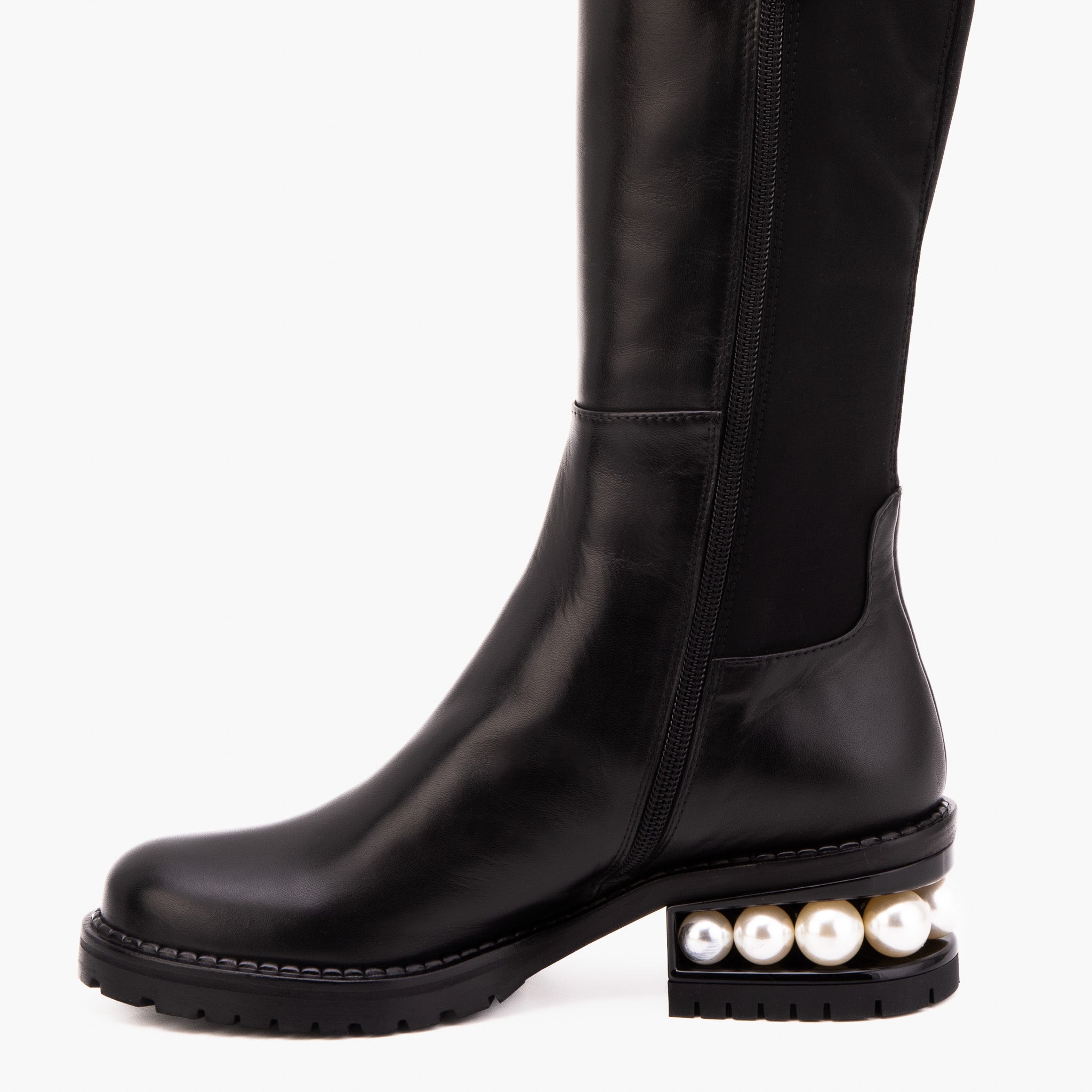 The Valeria Pearl Heel Knee-High Black Leather Boot Exclusive Style