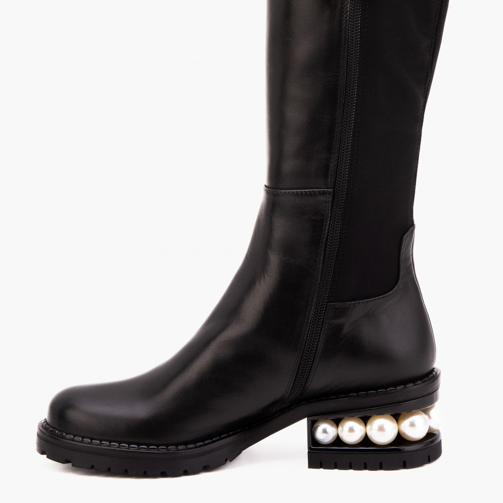 The Valeria Pearl Heel Knee-High Black Leather Boot Exclusive Style
