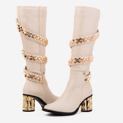 The Gladiator Cream Leather Knee High Boot On Sale