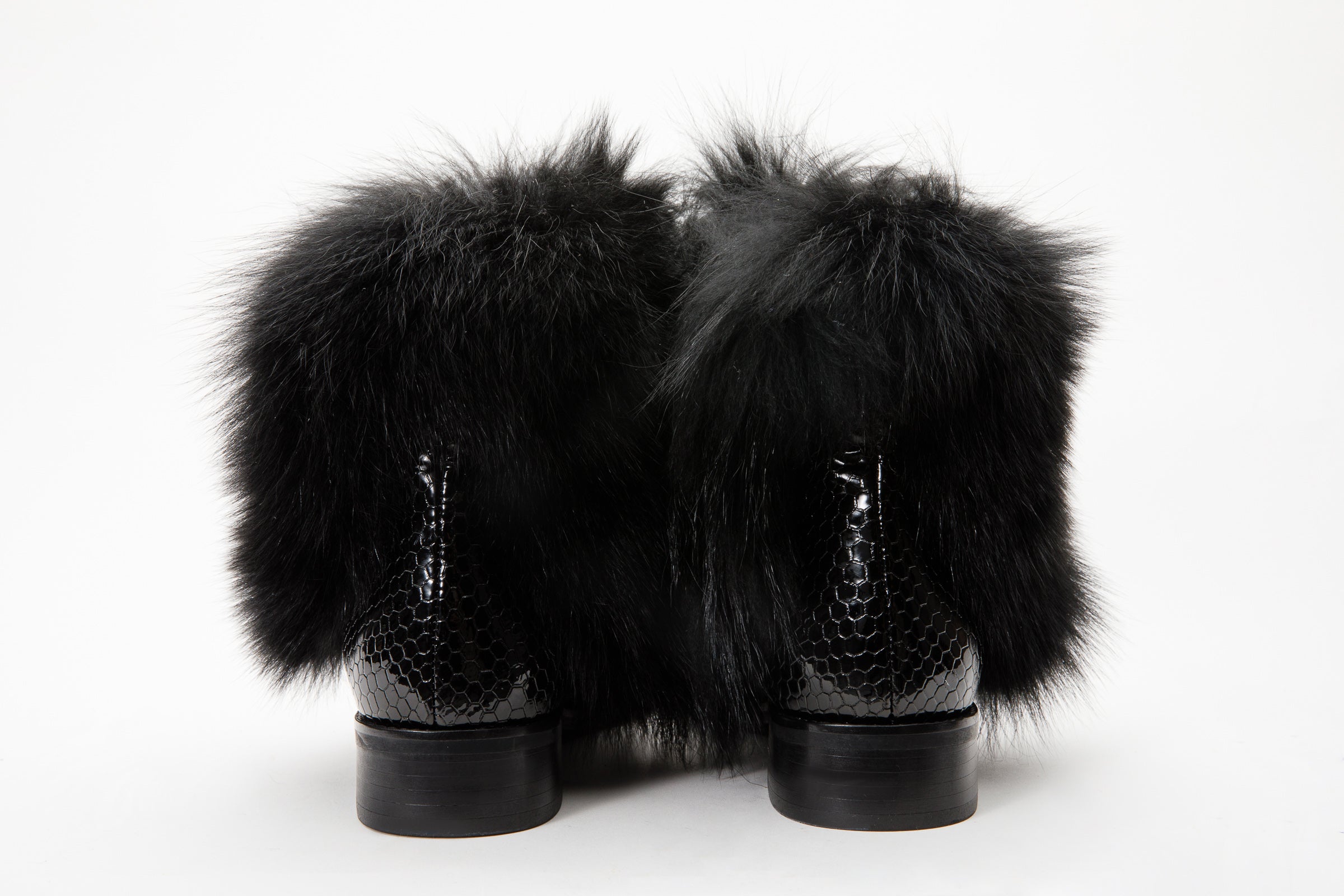 The Izmir Black Patent Leather Natural Fur Mid Calf  Boot For Sale