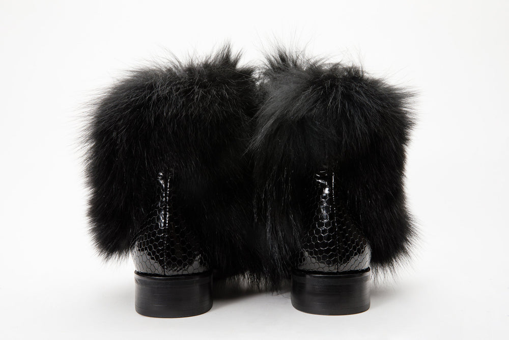 The Izmir Black Patent Leather Natural Fur Mid Calf  Boot For Sale