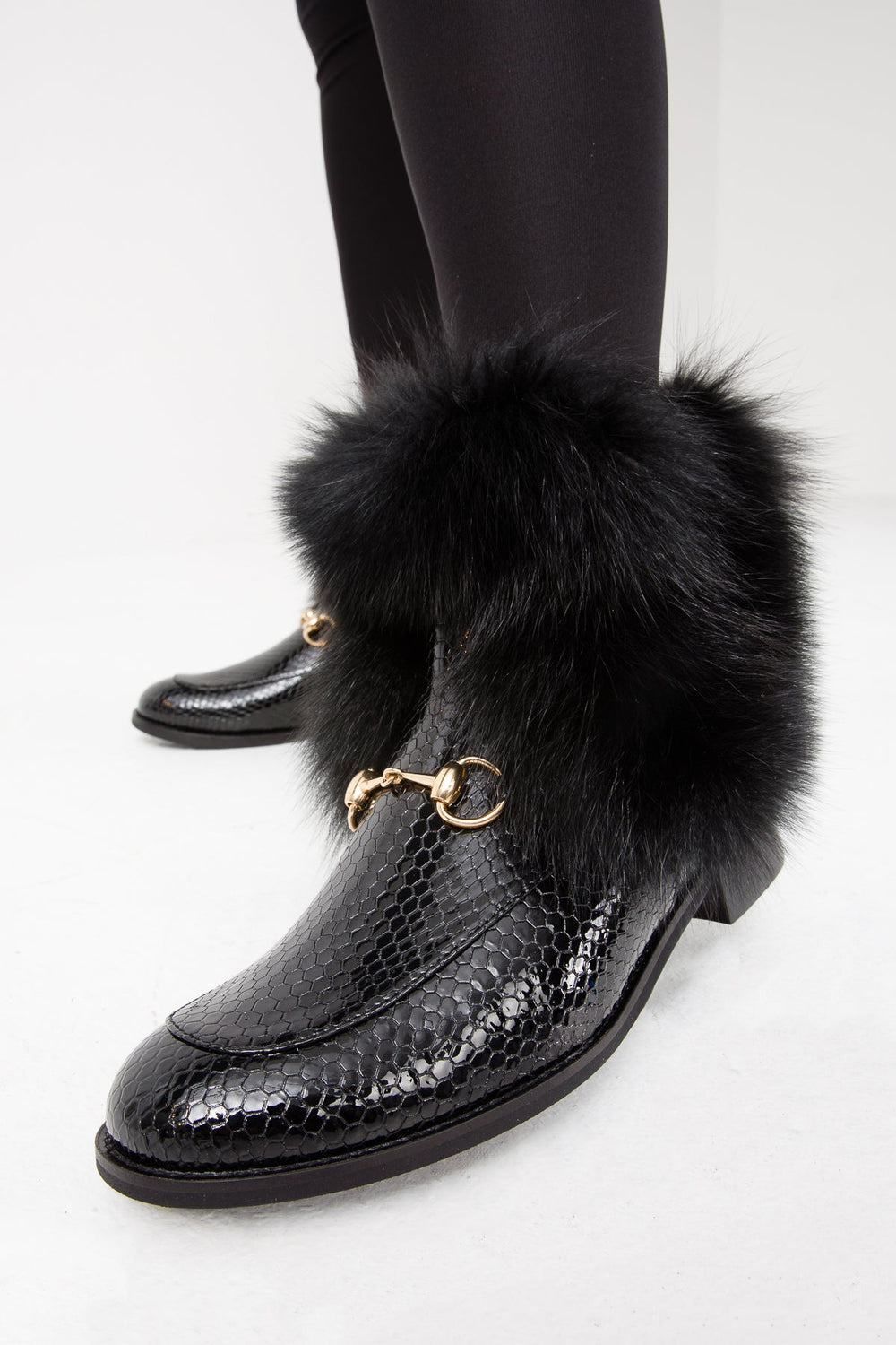 The Izmir Black Patent Leather Natural Fur Mid Calf  Boot For Sale