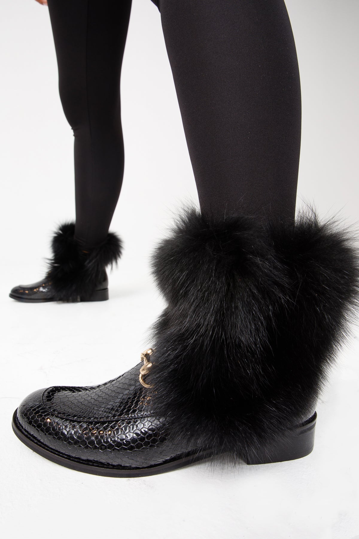 The Izmir Black Patent Leather Natural Fur Mid Calf  Boot For Sale