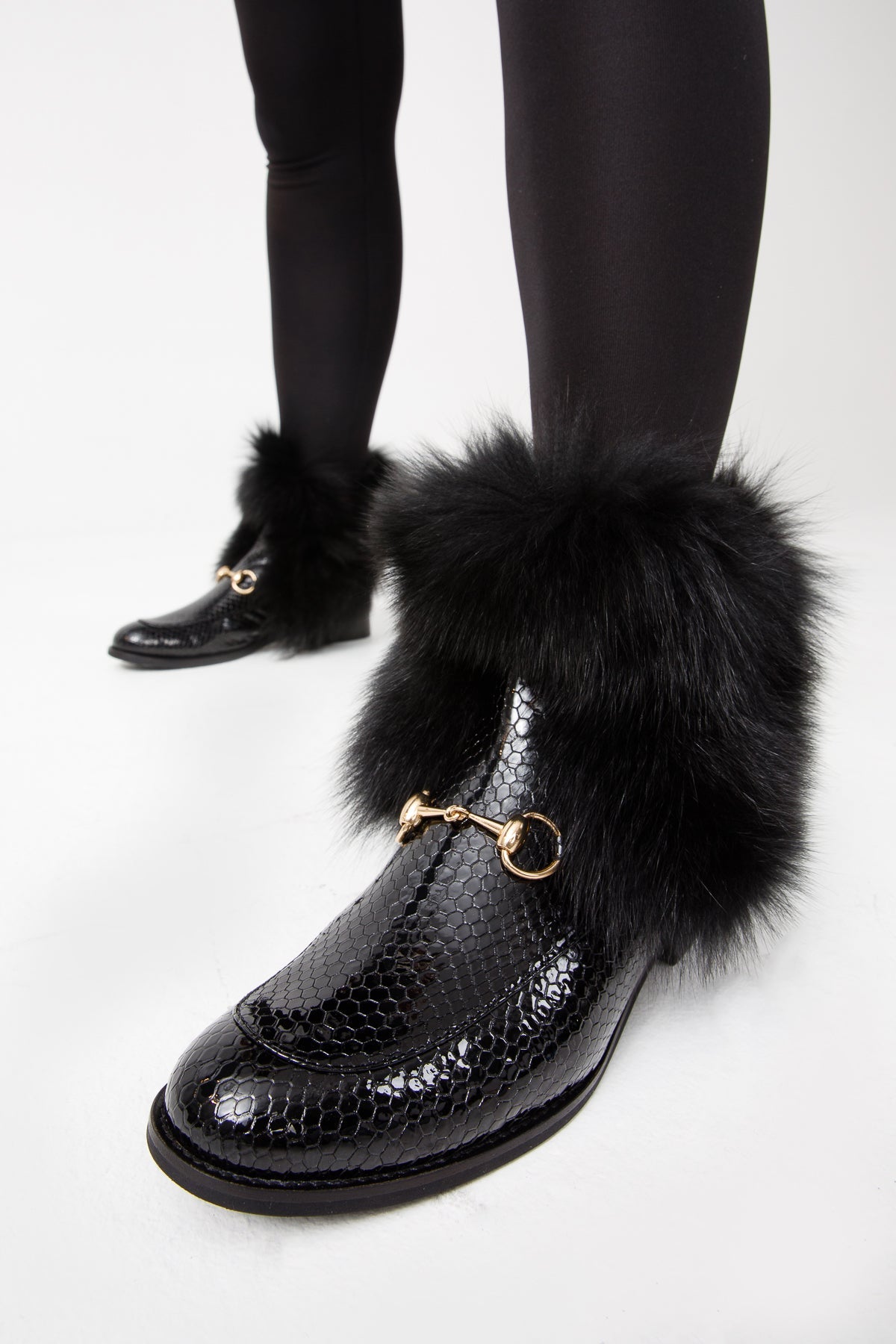 The Izmir Black Patent Leather Natural Fur Mid Calf  Boot For Sale
