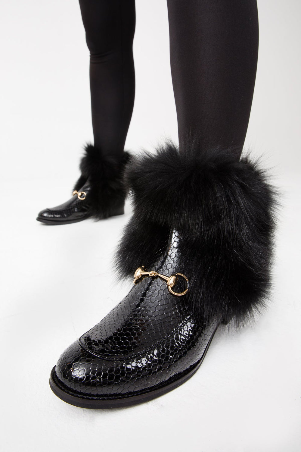 The Izmir Black Patent Leather Natural Fur Mid Calf  Boot For Sale