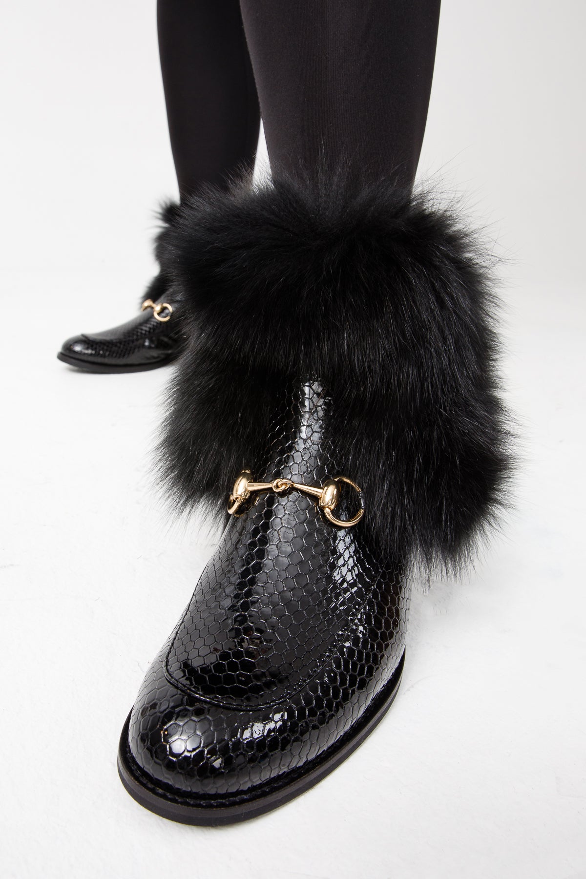 The Izmir Black Patent Leather Natural Fur Mid Calf  Boot For Sale