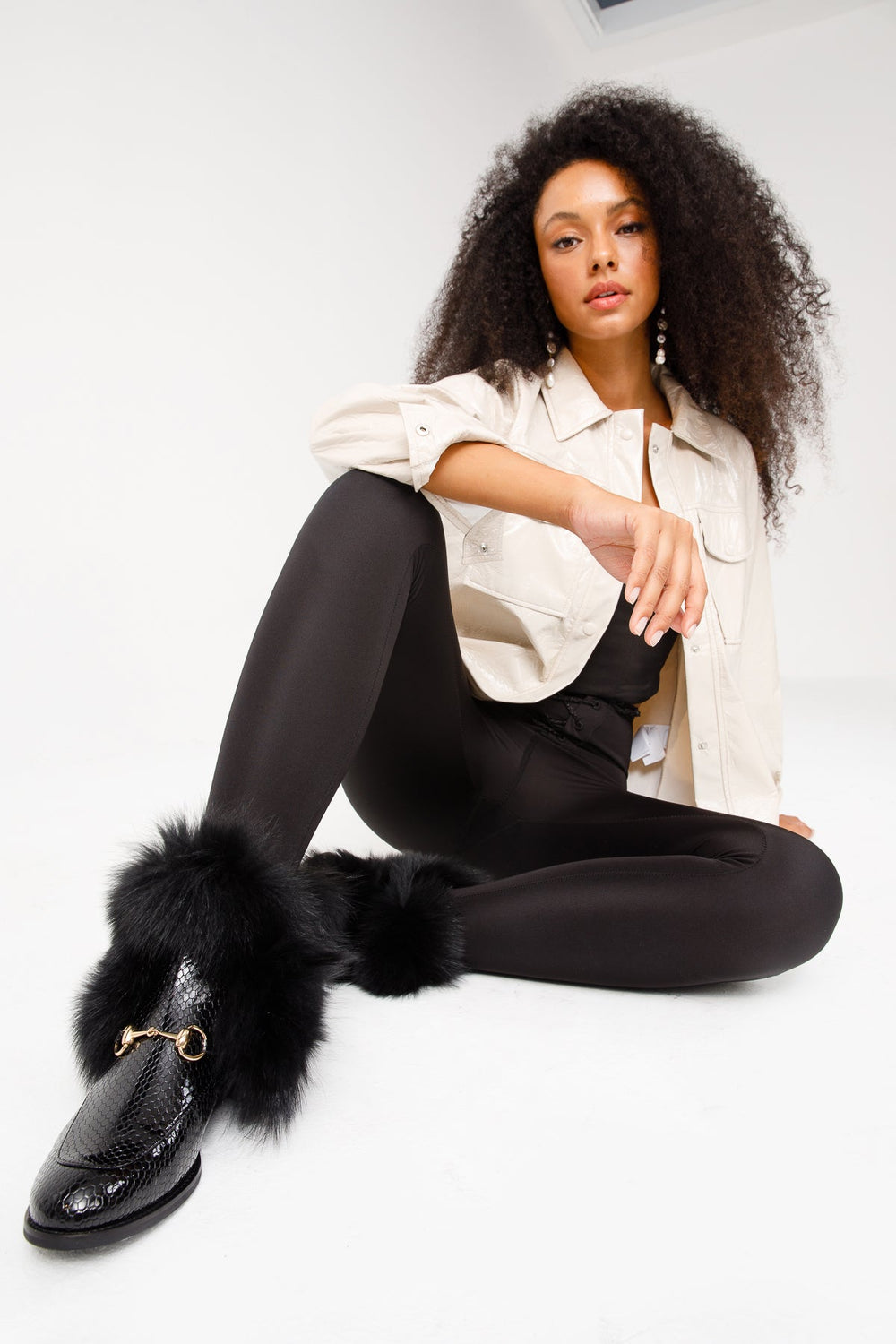 The Izmir Black Patent Leather Natural Fur Mid Calf  Boot For Sale