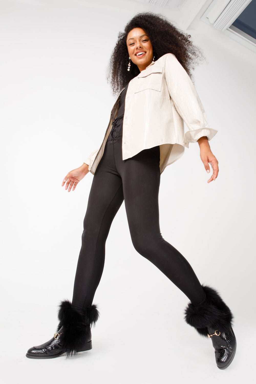 The Izmir Black Patent Leather Natural Fur Mid Calf  Boot For Sale