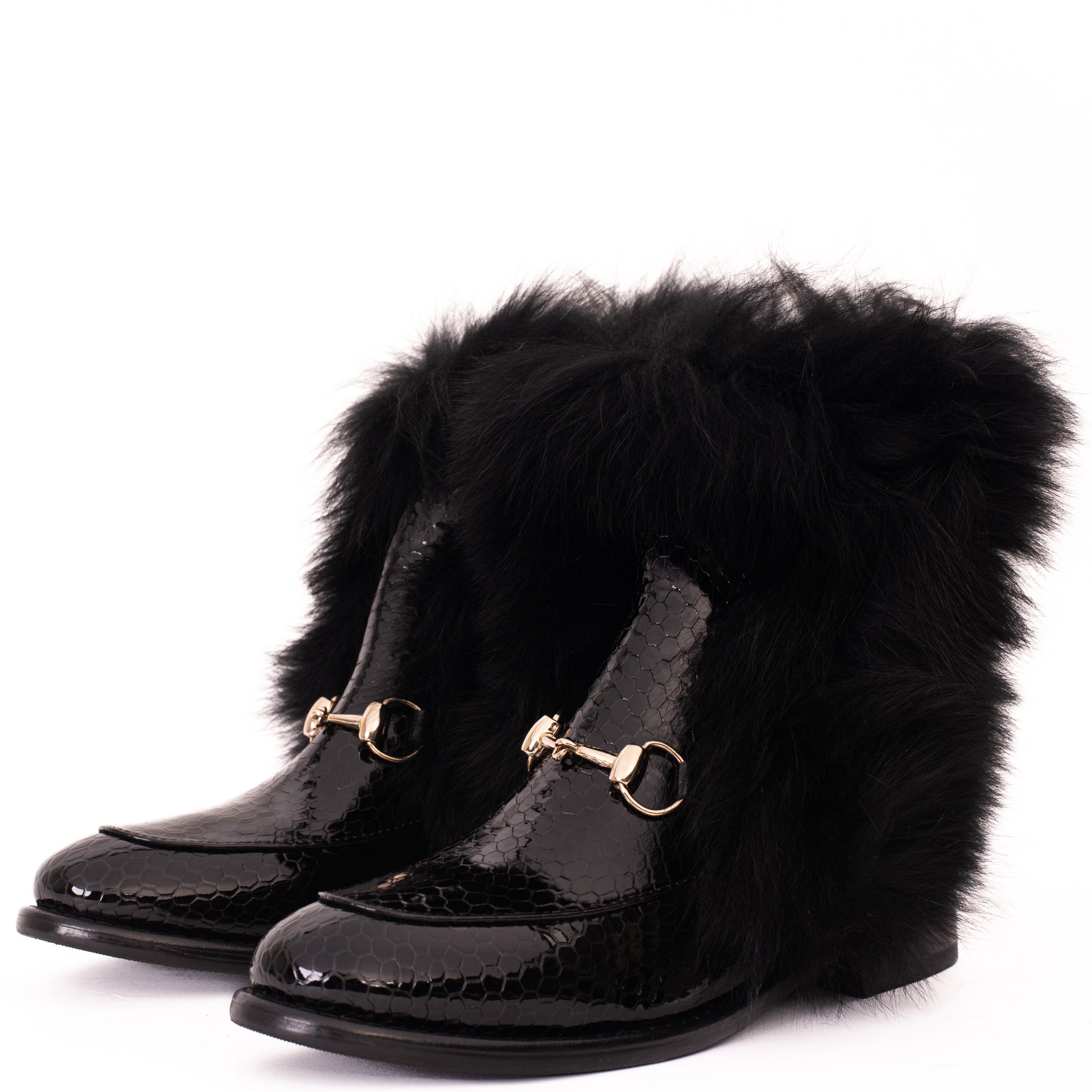 The Izmir Black Patent Leather Natural Fur Mid Calf  Boot For Sale