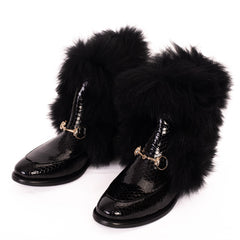 The Izmir Black Patent Leather Natural Fur Mid Calf  Boot For Sale
