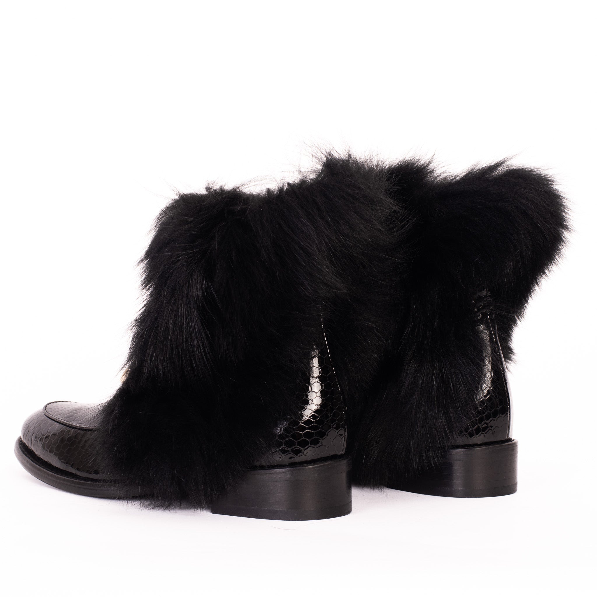 The Izmir Black Patent Leather Natural Fur Mid Calf  Boot For Sale