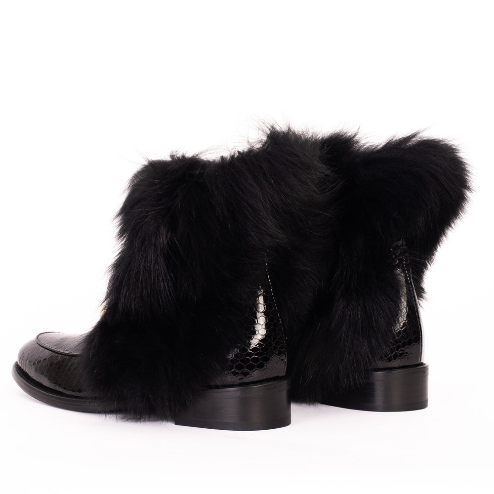 The Izmir Black Patent Leather Natural Fur Mid Calf  Boot For Sale