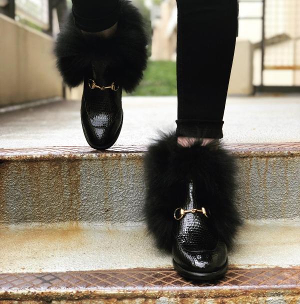 The Izmir Black Patent Leather Natural Fur Mid Calf  Boot For Sale