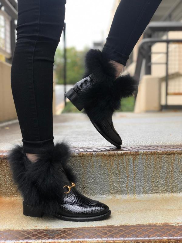 The Izmir Black Patent Leather Natural Fur Mid Calf  Boot For Sale