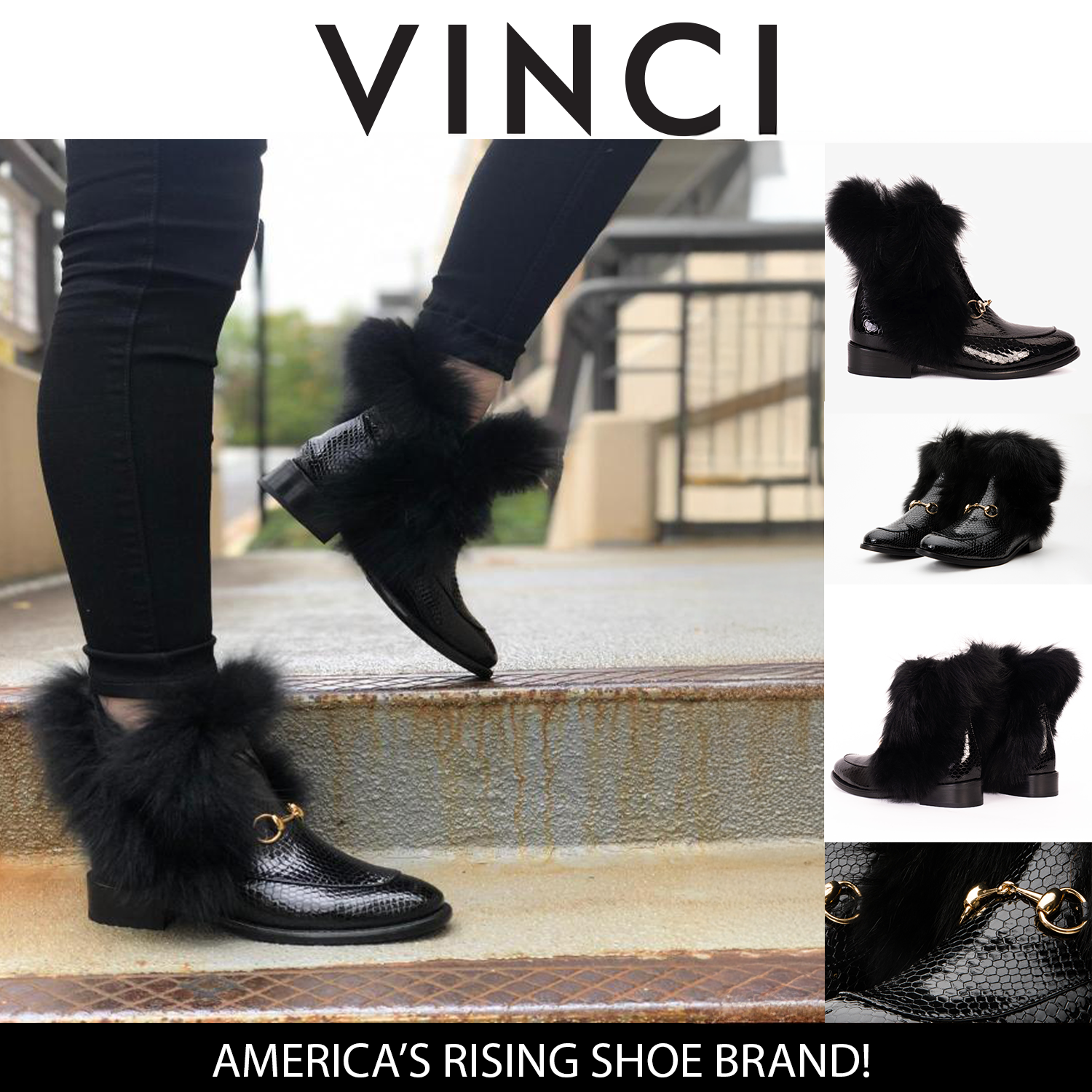 The Izmir Black Patent Leather Natural Fur Mid Calf  Boot For Sale
