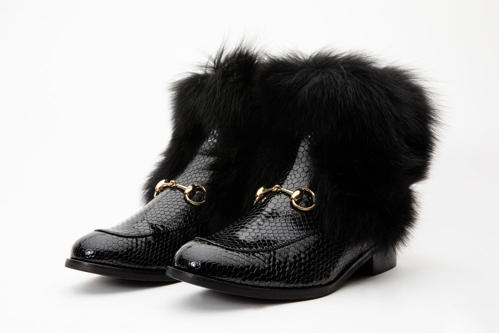 The Izmir Black Patent Leather Natural Fur Mid Calf  Boot For Sale